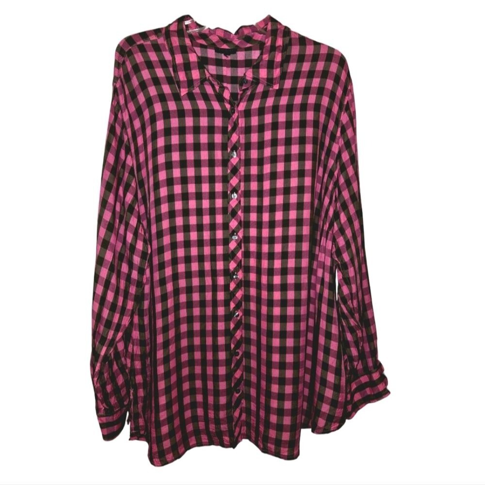 Talbots Women Long Sleeve Pink & Black Checkered Roll Tab Rayon Blouse